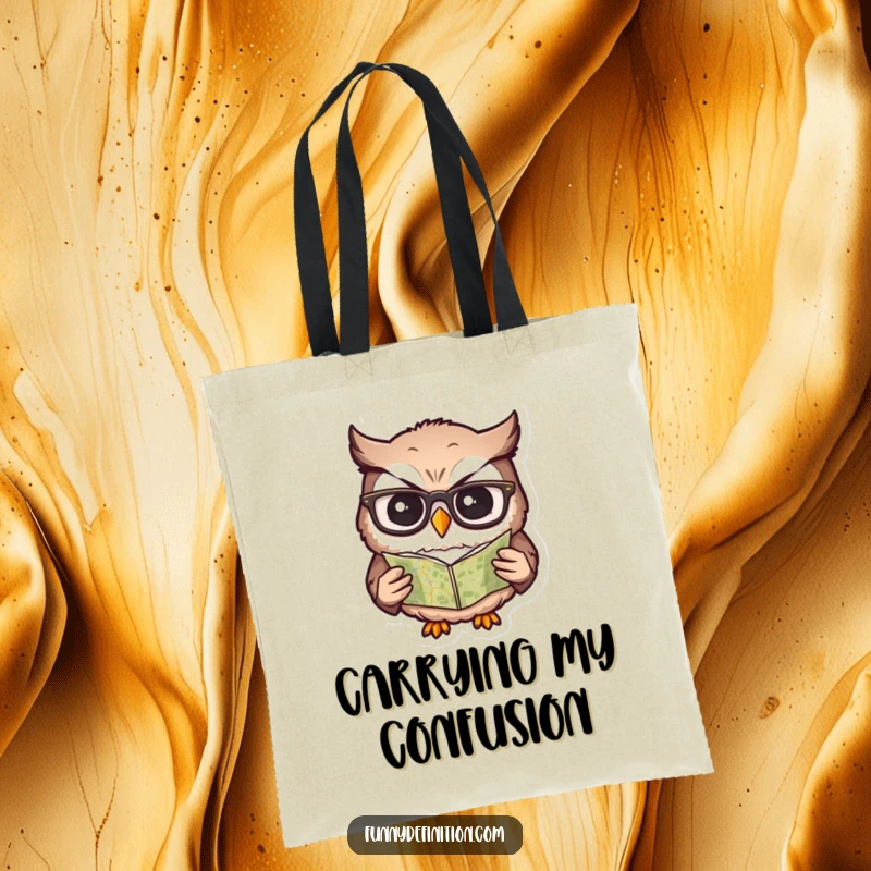Funny tote bag showcasing a confused owl wearing glasses while attempting to read a very small map.