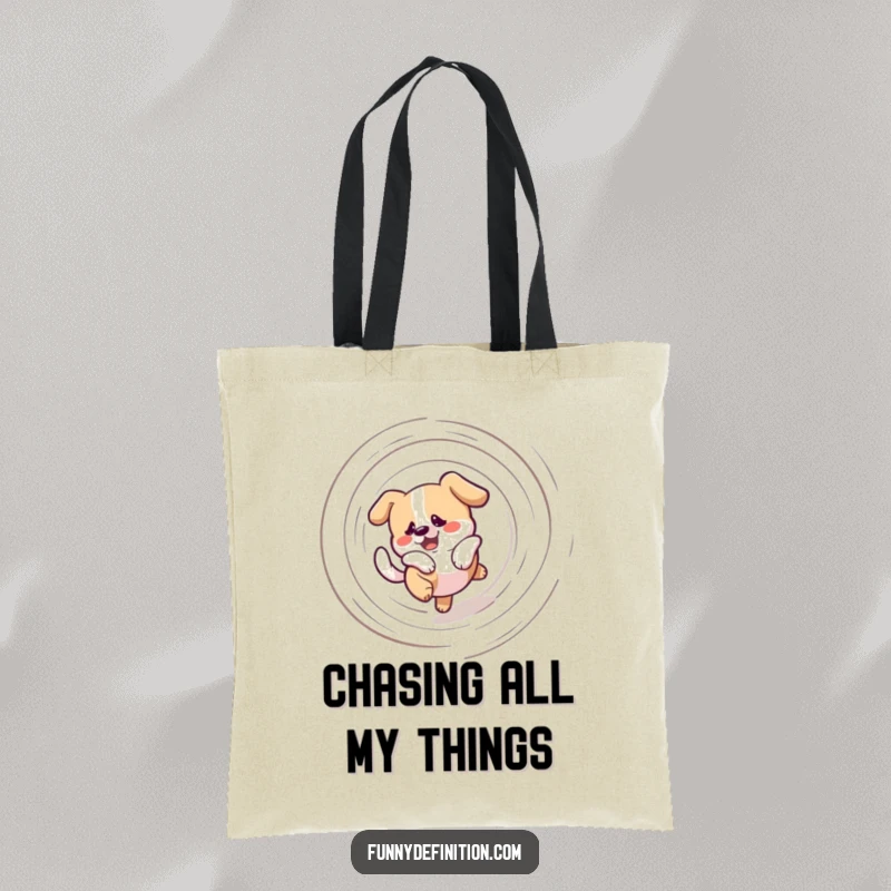 Funny tote bag showcasing a bewildered dog in a dizzying spiral chasing its tail, ideal for carrying goods with a touch of canine charm.