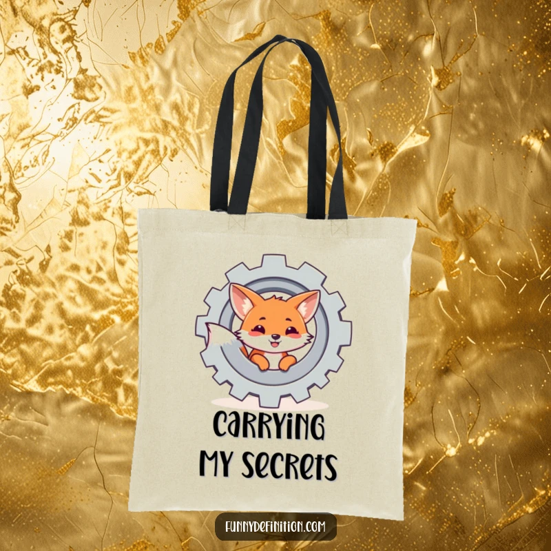Funny tote bag showing a curious fox peeking from behind a large spinning gear, a whimsical accessory for carrying daily items.