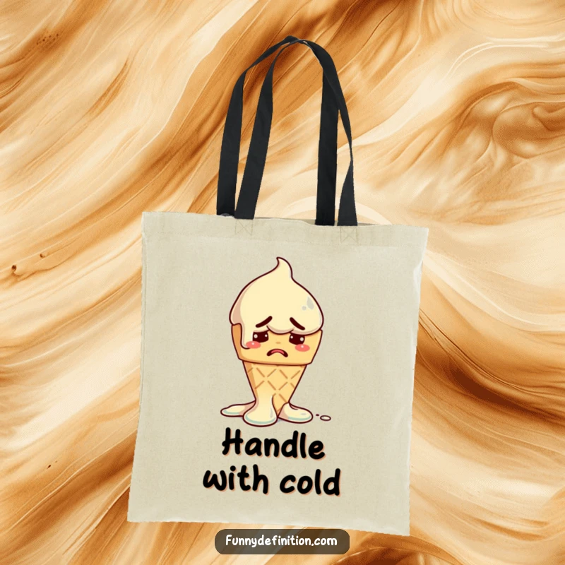 Funny tote bag depicting a melting ice cream cone with a worried expression, perfect for carrying humor and daily essentials.