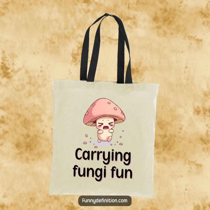 Funny tote bag with a nervous mushroom character tripping over its cap, scattering spores comically.