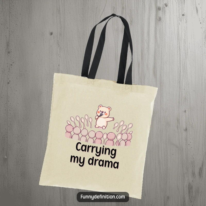 Funny tote bag showcasing a tiny bear dramatically singing opera to a bewildered audience of spoons, a unique and humorous accessory.