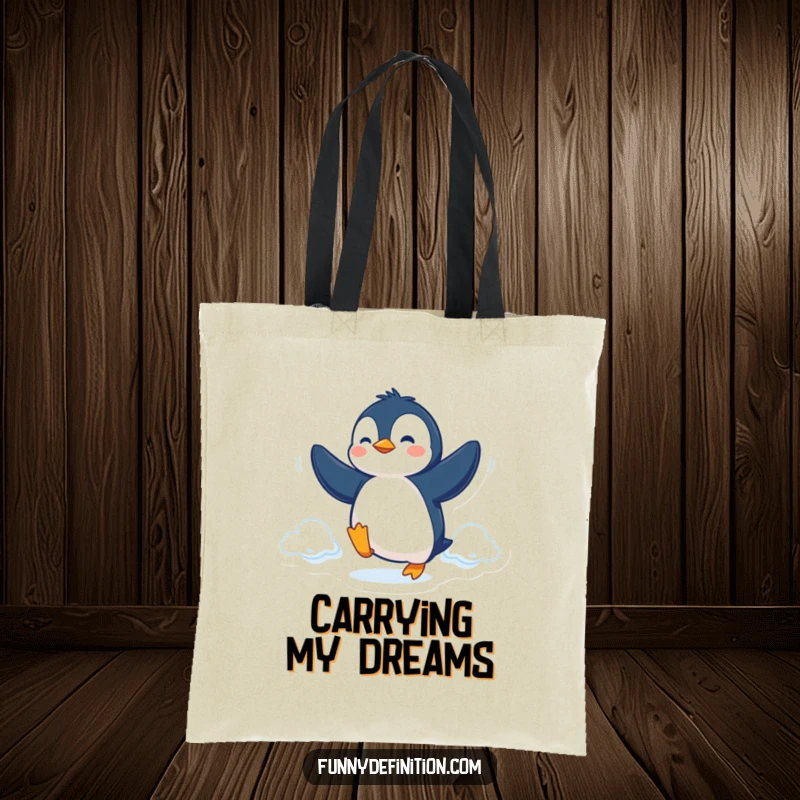 Funny Tote Bag showing a determined penguin trying to fly with its flippers, perfect for stylish and humorous carrying.