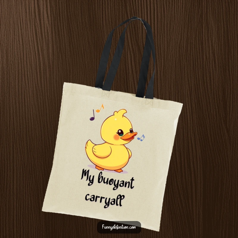 Funny tote bag depicting a yellow rubber duck comically bobbing its head to an imaginary beat, a musical and charming accessory for any day.