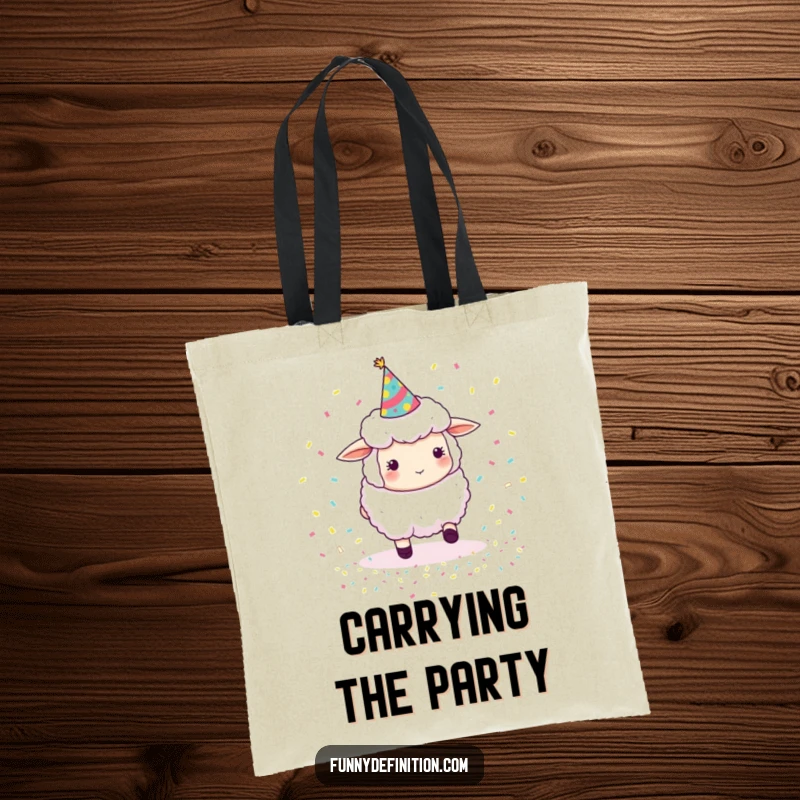 Funny sheep in a party hat, attempting to herd small bouncing confetti pieces, a humorous and practical tote bag.
