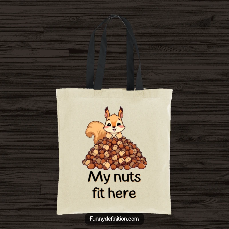 Funny tote bag featuring a squirrel with a huge pile of acorns. Ideal for carrying items with a humorous touch.
