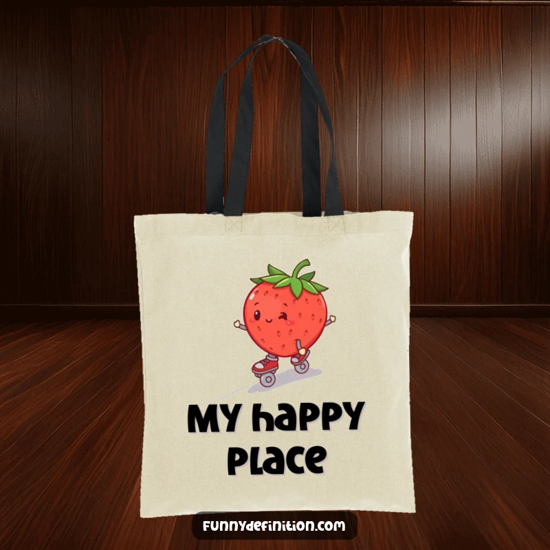 Funny plump strawberry on roller skates, wobbling down a hill, featured on a durable tote bag.