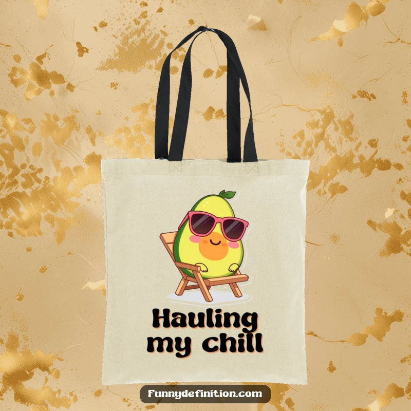 Funny tote bag with a smiling avocado character wearing sunglasses, lounging on a tiny beach chair.