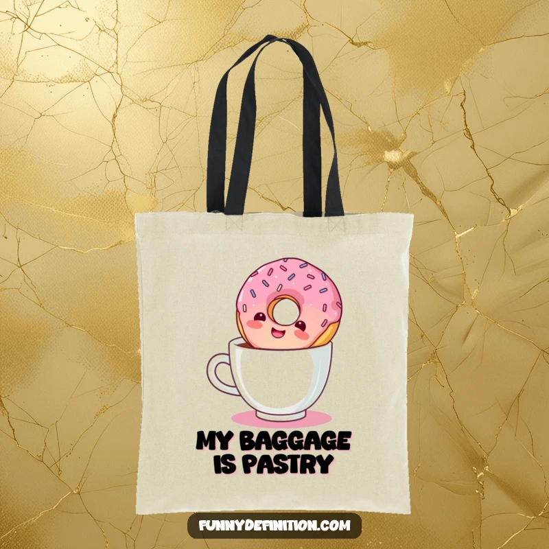 Funny tote bag illustration of a giggling donut with sprinkles floating upside down in a coffee cup.
