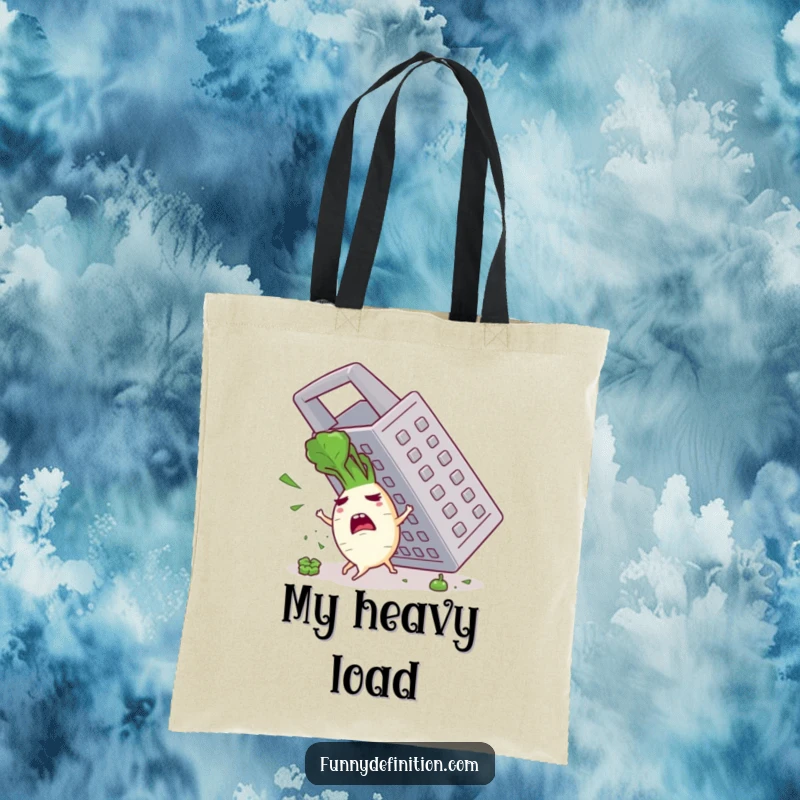 Funny tote bag art of a frantic radish character attempting to dodge a huge grater, showcasing a comical kitchen predicament.
