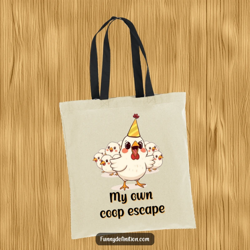 Funny tote bag showcasing a startled chicken in a party hat fleeing a flock, ideal for carrying goods with a touch of comical urgency.